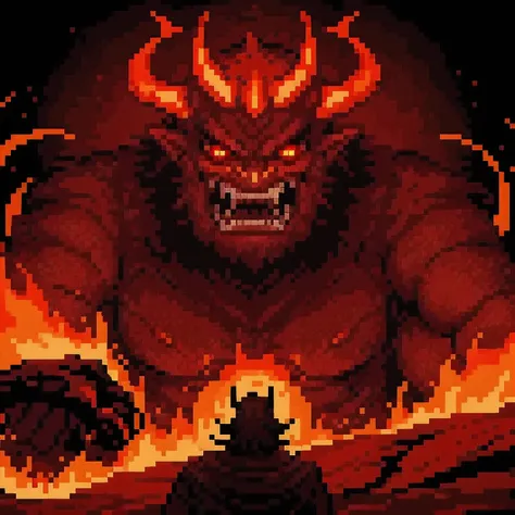 The demon king looks hideous and scary：A pair of eyes like a mirror，The two eyebrows are bright as red neon；The mouth is like a basin of blood，Toothed copper plate；The roar shook the mountains and feared，The action is majestic and the evil is panicked