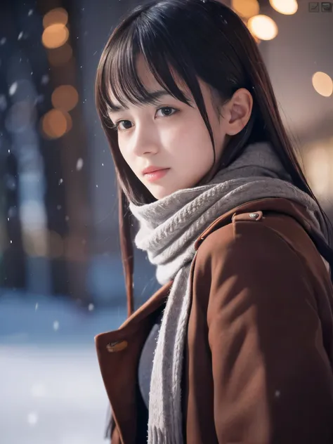 (close-up face shot of one slender small breasts dark silver long hair with swept bangs girl in a winter long coat and  scarf:1....