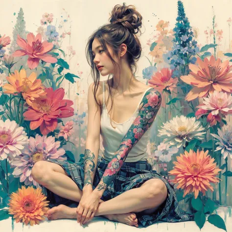 Japanese painting style、 young woman、Long hair tied up、Designed like Mucha 、 tank top 、Tattoo、 sitting surrounded by colorful flowers