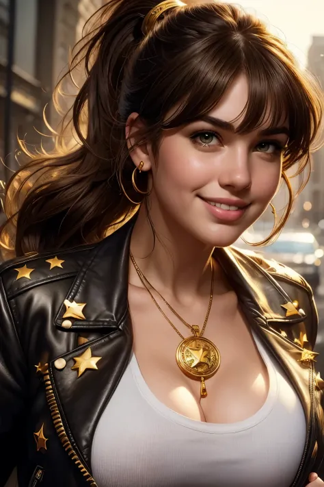 absurd quality. natural lighting . hyperrealism . fantastic comic book style illustration . A plus-size girl , brown hair with bangs and ponytail, olive eyes detailed , shy smile , Wear leather jacket with gold stars on the shoulders over a w...