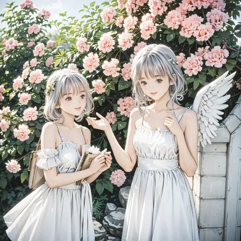 cat、 Silver Hair、White clothes、smile、Good friends、Travel Bags、Carnation、background Greece、Angel、