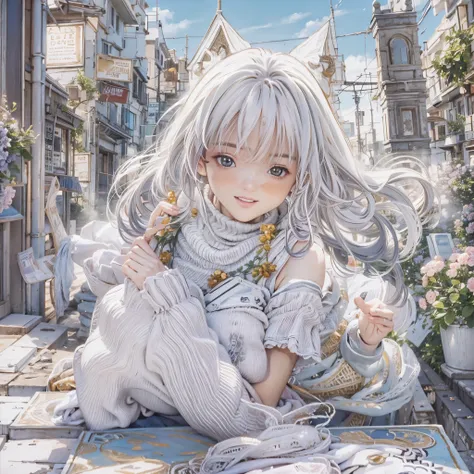 (8k、top-quality、masterpiece:1.2), cat、 Silver Hair、White clothes、smile、Good friends、Travel Bags、Carnation、background Greece、Angel、 imaginary、