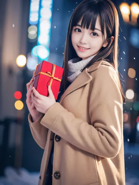 (Close-up face shot of one slender small breasts dark silver long hair with swept bangs girl in a winter long coat and  scarf:1.5)、(One girl is holding a big gift box in arms with happy smile:1.5)、(Beautiful Christmas illumination night:1.5)、(Heavy snowing...