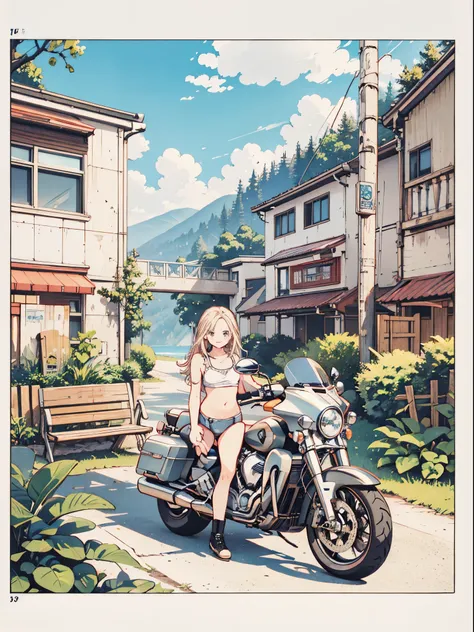 a masterpiece,  detailed background, and " loose camp"  simple, Light use that highlights a kitten girl . Shes fishing in the lake ,  depicting a Harley Davidson Electra Glide™ Highway King parked next to her、 wide range of inspired illustrations .