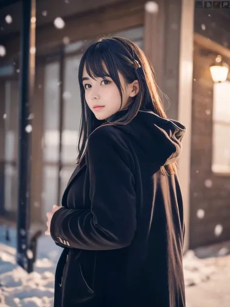 (close-up face shot of one slender small breasts dark silver long hair with swept bangs girl in a winter long coat and  scarf:1....