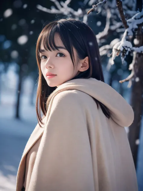 (close-up face shot of one slender small breasts dark silver long hair with swept bangs girl in a winter long coat and  scarf:1....