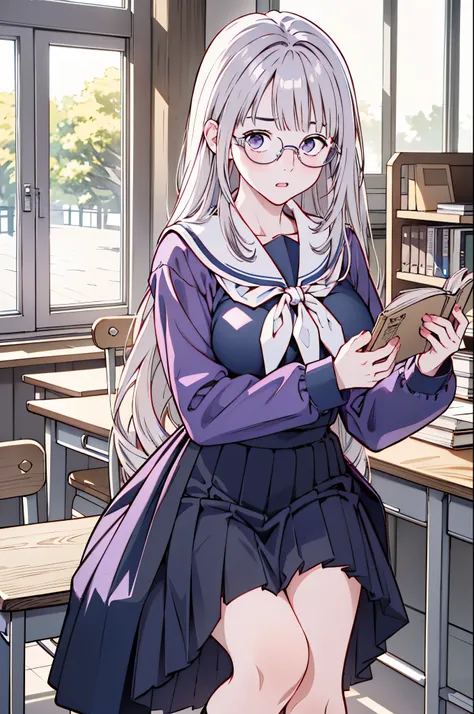 (8k、top-quality、masterpiece:1.2)、(Realistic、Ultra-detailed、 super A high resolution 、beautiful詳細な顔, perfect body for a lawn,( 1 girl ,Long silver hair),( school uniform, sailor suit ,Purple Shirt,navy skirt,White Thailand), Contrapost, clevis,in classroom...