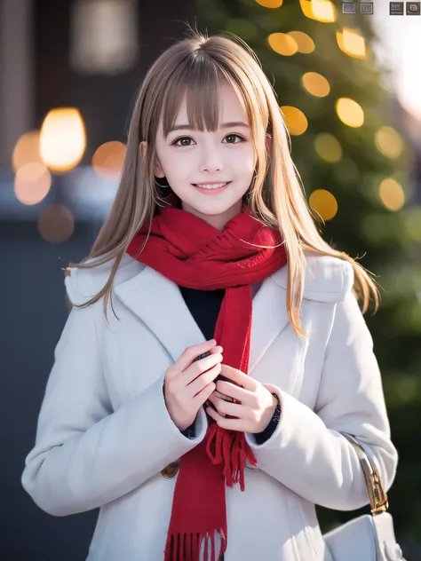 (Close-up face shot of one slender small breasts half up blonde long hair with bangs girl in a winter white long coat and red scarf:1.5)、(One blonde hair girl is holding a big gift box in arms with happy smile:1.5)、(Beautiful Christmas illumination night:1...