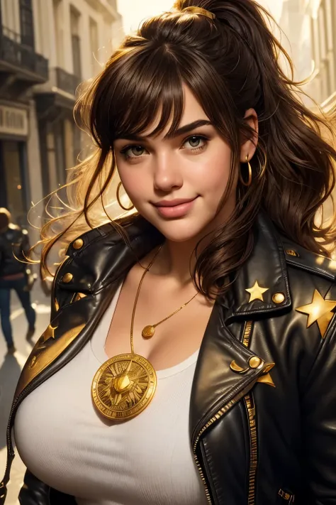 absurd quality. natural lighting . hyperrealism . fantastic comic book style illustration . A plus-size girl , brown hair with bangs and ponytail, olive eyes detailed , shy smile , Wear leather jacket with gold stars on the shoulders over a w...