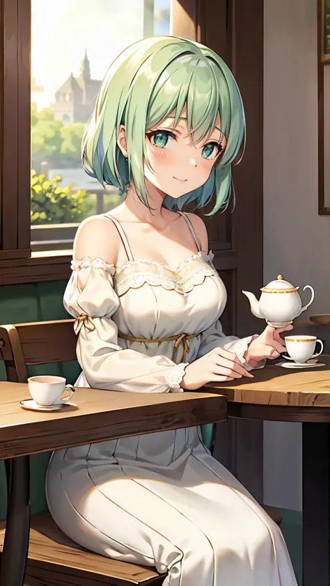 shoulder-length green hair, Small Breasts , Small breasts、Green Eyes, 、(((Ladylike))), full body from head to toe 、、Shoulder knit、See-through patterned lace sleeves、Feminine clothing、、Chuckle、(( seated facing each other across the table from the viewer))...