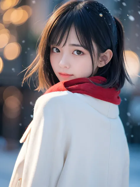 (Close-up face shot of one slender small breasts two side up black medium hair with bangs girl in a winter white long coat, and red scarf:1.5)、(One girl is looking back with crying face:1.5)、(Very beautiful Christmas illumination night:1.5)、(Heavy snowing ...