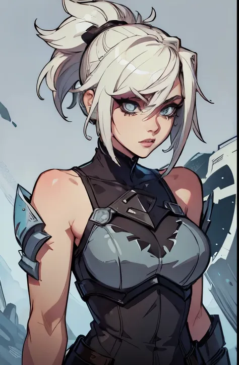 (Masterpiece:1.2), best quality, riven (league of legends), 1girl, folded ponytail, short dress, coreset, single pauldron, white hair, black eyeshadow, bare shoulders, upper body, face potrait, detailed, beautiful