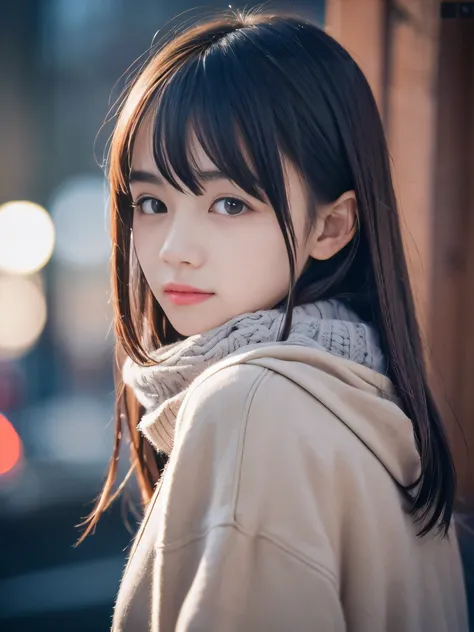 (close-up face shot of one slender small breasts dark silver long hair with swept bangs girl in a winter long coat, knit sweater...