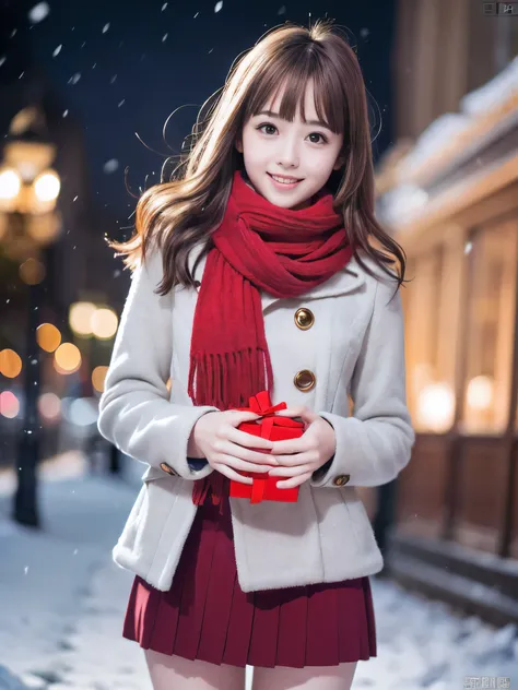 (Close-up face shot of one slender small breasts red brown wavy long hair with dull bangs girl in a winter long coat, knit sweater, skirt and  scarf:1.5)、(One girl is holding a big gift box in arms with happy smile:1.5)、(Beautiful Christmas illumination ni...