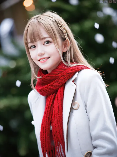 (Close-up face shot of one slender small breasts half up blonde long hair with bangs girl in a winter white long coat, knit sweater, skirt and red scarf:1.5)、(One blonde hair girl is holding a big gift box in arms with happy smile:1.5)、(Beautiful Christmas...