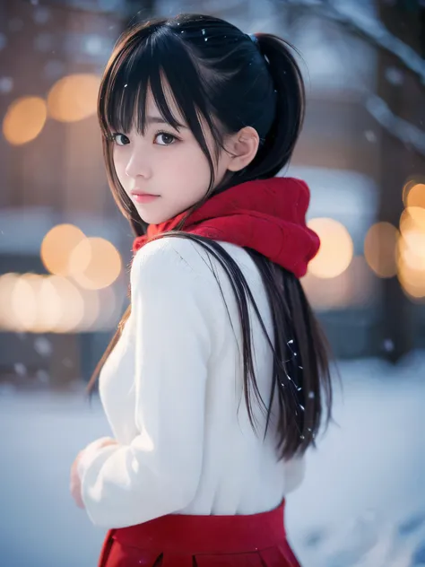 (Close-up face shot of one slender small breasts two side up black medium hair with bangs girl in a winter white long coat, knit sweater and red scarf:1.5)、(One girl is turn around with crying face:1.5)、(Very beautiful Christmas illumination night:1.5)、(He...