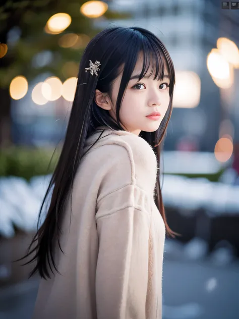 (close-up face shot of one slender small breasts dark silver long hair with swept bangs girl in a winter long coat, knit sweater...