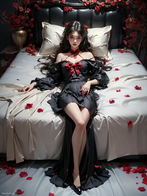 school uniform, bowtie, sailor collar, pleated skirt (full body shot:1.4), ((Dark night, dark color)), ((At night, warm colors of light)), ((Scattered rose petals, many petals spread all over the bed)), (complete figure from head to toe:1.3), masterpiece, ...