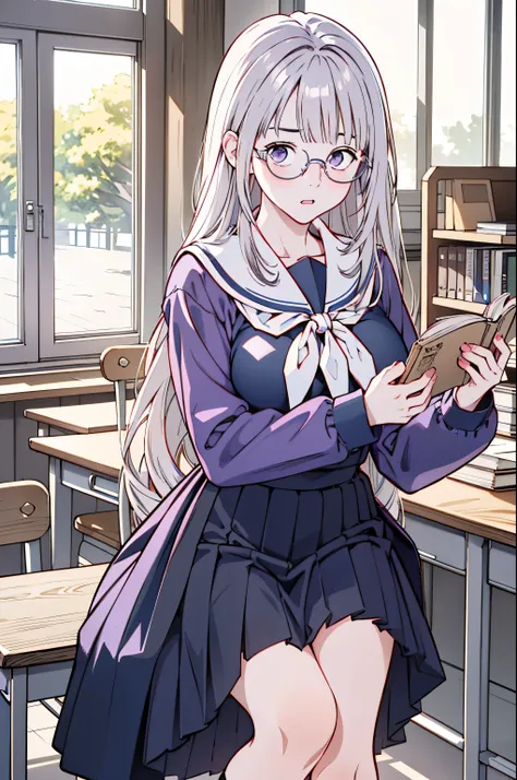 (8k、top-quality、​masterpiece:1.2)、(Realistic、Ultra-detailed、 super A high resolution 、Beautiful detailed face, perfect body for a lawn,( 1 girl ,Long silver hair),( school uniform, sailor suit ,Purple Shirt,navy skirt,White Thailand), contrapost, Clevis,in...