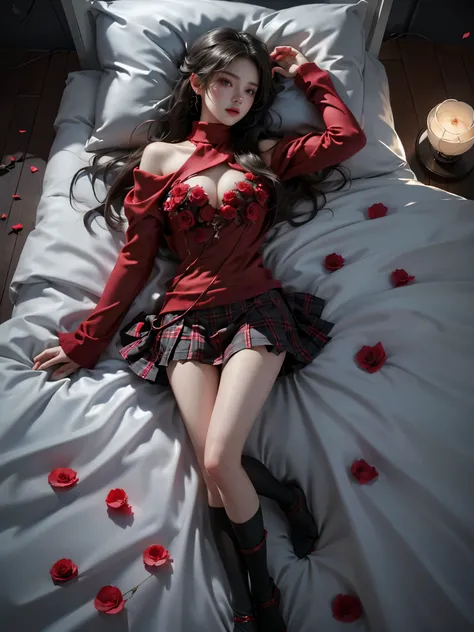 School Dress, thighhighs, plaid pleated mini skirt, red sweater, turtleneck, harness (full body shot:1.4), ((Dark night, dark color)), ((At night, warm colors of light)), ((Scattered rose petals, many petals spread all over the bed)), (complete figure from...