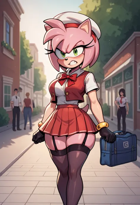 amy rose,angry look, blushing,schoolgirl vest, sailor hat , long hair ,,schoolgirl skirt, green eyes,black stockings with straps...