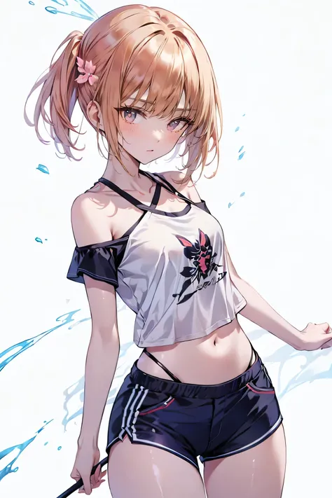 cute girl . Very kawaii , round face . alone , Slim , medium breasts , short and small . shiny skin . Pure white tube top T-shirt . shorts . dynamic poses . dynamic angle . No background , White background , looking at the audience