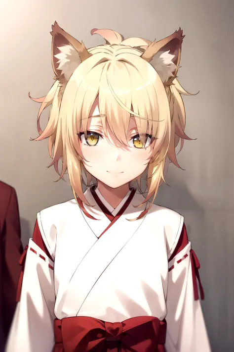 masterpiece ,  best quality , 1 girl, feel, blonde hair,  short hair, collect,  yellow eyes,  fox ears ,  japanese clothing , re...