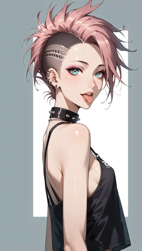 a detailed photograph of a young japanese woman with an extravagant pink Mohawk, bratty, sticking out tongue, punk rock, extremely realistic, muted colors, soft lighting, 8k, hi-res, small breasts, 
