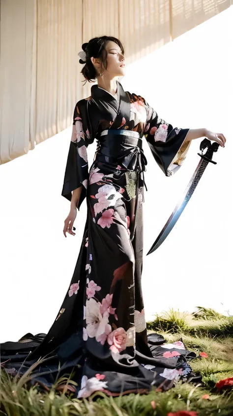 ((( female ninja ready for battle with a weapon on a prairie at sunset:1.5)、(Female ninja and sword :1.5))、(Realistic、 as in the picture 、live-action、8k, Realistic,  RAW photo,  Max Image: 1.4),   SLR camera、 RAW photo,   best quality , Realistic,  Highly ...