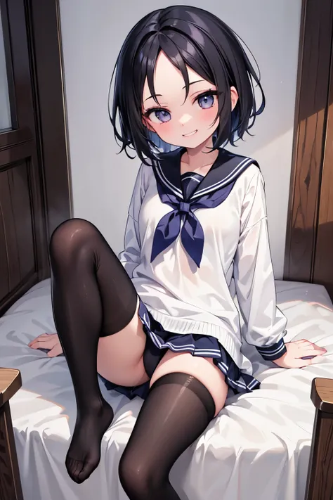 1girl，Black Hair，short hair，forehead，forehead, smile，grin，sailor suit，school uniform，black tights，Indian style