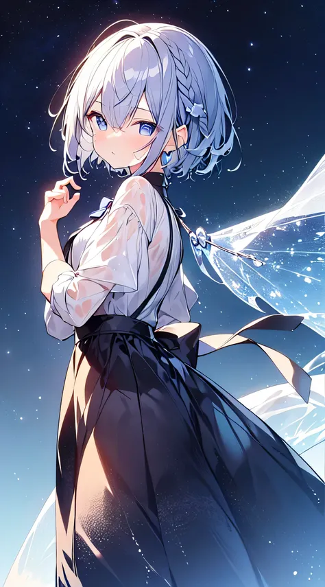 masterpiece, Best Quality,Illustration,  wallpaper,  ultra detailed,  absurd, 1, ( medium short hair 、  short braided hair that is wet on the body ), Beautiful ultra-detailed eyes ,  hair fluttering like the wind、:THE、 has a small head、 A Beautiful Night S...