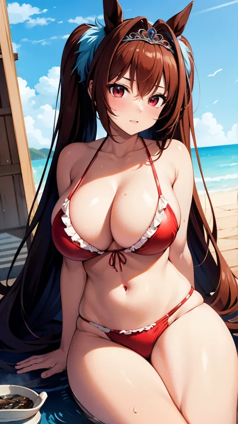 8k high resolution ( super detailed), masterpiece, ( best quality)　 anime illustration　 detailed eyes on board,  detailed face 　 detailed hands 　Fine hair　 very elaborate body、 fine skin 　solo　Horse Girl_ Daiwa scarlet 　daiwa scarlet　 twin tails、 long hair...