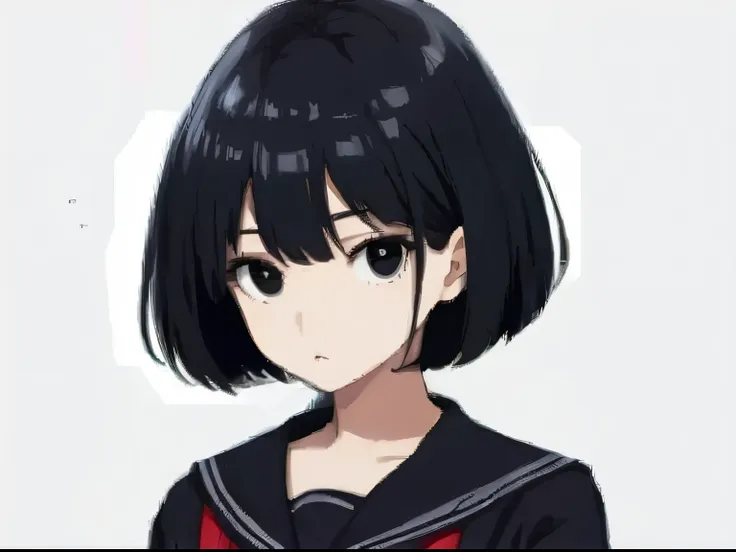 black hair, bob cut, black eyes