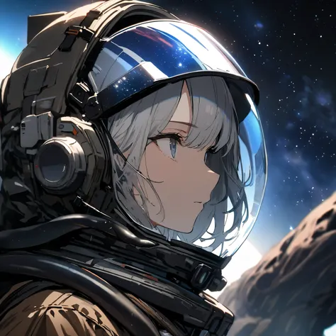  1 girl, Alone, SyFyEye1, Astronaut, Space Suit, Clear Visor,  portrait,   is facing sideways, Glass Reflection,  standing, Outdoor,  starry sky , galaxy,  Lens Flare, SF, Movieような, Movie, High budget, (masterpiece), ( best quality), ( super detailed),  ve...