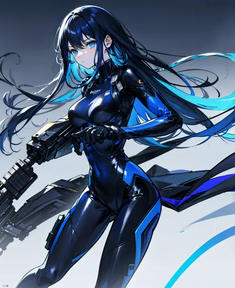 There is no background，，Carry a firearm，Patent leather tight suit，Use of firearms，Navy blue long hair，attention arousal，Blue colored eyes,No gradients、 detailed face、cute