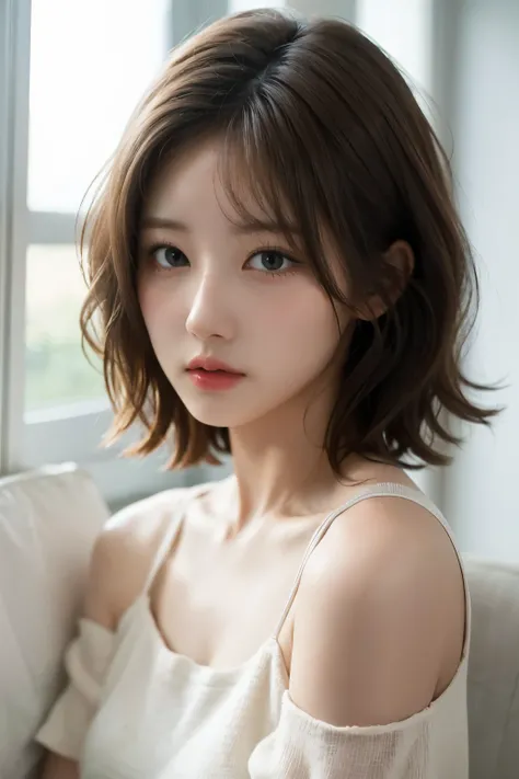 Best quality, masterpiece, ultra high res, (photorealistic:1.5), raw photo, 1girl, offshoulders, in the silent room, low key, cold light, sexy look, grey short hair, short white shirt