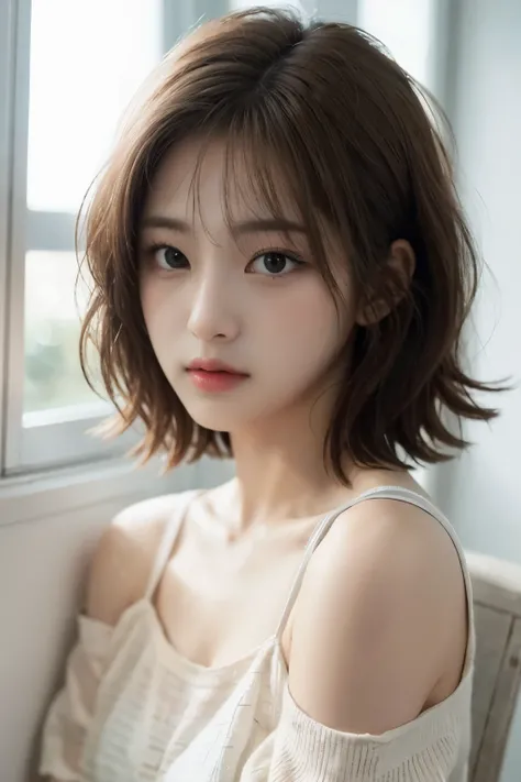 Best quality, masterpiece, ultra high res, (photorealistic:1.5), raw photo, 1girl, offshoulders, in the silent room, low key, cold light, sexy look, grey short hair, short white shirt