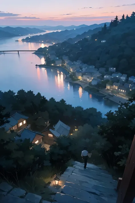 1 boy 、 overlooking the village from the top of the cliff 、evening、The village is surrounded by woods 、 the sea can be seen beyond the village