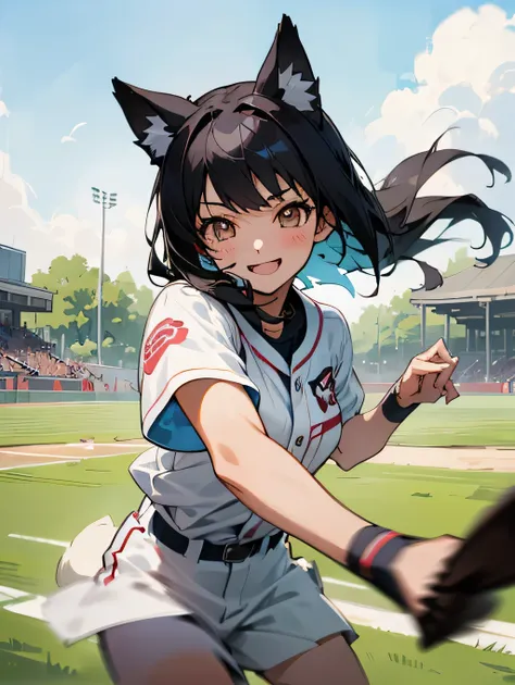   1 girl、 anime style painting、       、smile、        black hair      、smile、   、        perfect lighting、Dog Ears，baseball， excitement ，Batter，Depiction from right ，Cutting through the wind