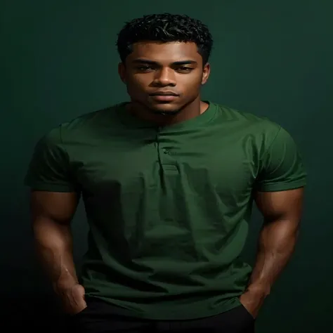 a man in a green shirt standing with his hands in his pockets, in a dark green polo shirt, man is with black skin, handsome male...