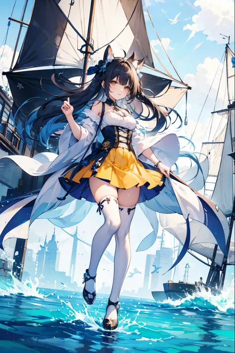 shenzi,((full body)),strapless dress,bow,yellow dress,white thighhighs,blue ribbon,((full body)),beautiful woman in a sailing b