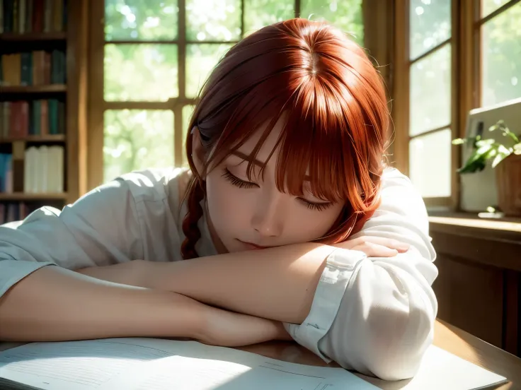 masterpiece, (photorealistic:1.4), best quality, beautiful lighting, from front, sleeping her head on her arm on the notebook at an old library, closing her eyes, sun light shining through the window, warm ,cozy

, makima (chainsaw man), (red hair)+(long o...