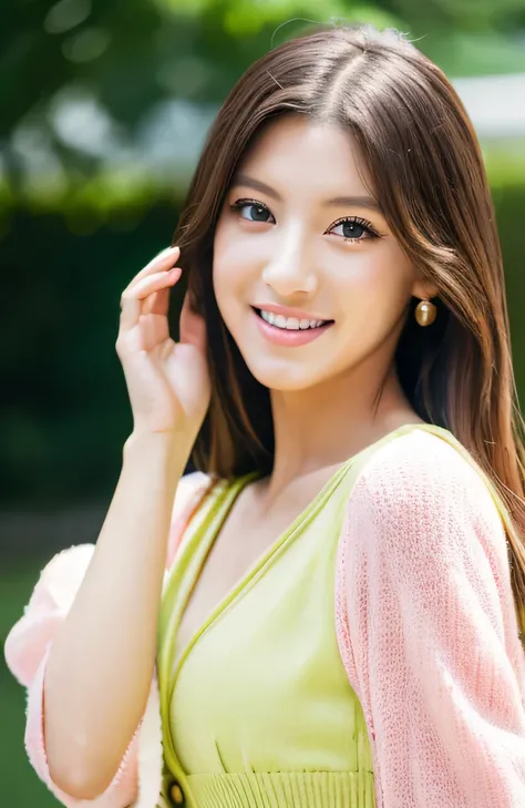 Beautiful woman with beautiful eyes and nose、Beautiful as a model、Cute as a model、Double Eyes、Use mascara regularly、Eye color: green、{{Hair Color}}: pink、Delicate and elegant features.、8K images、Beautiful style like a model、Normal Large 、Fresh and adorable...