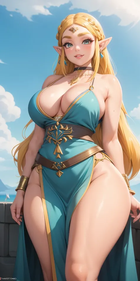 long hair, choker. busty (((DD-size breasts))), Bermuda ( wide hips ), ( thick thighs ), lythe figure, curvy, voluptuous figure, sexy princess, plunging neckline, maxi skirt, posing in a castle, mischievous smile, trending on Artstation, digital art, 20-ye...