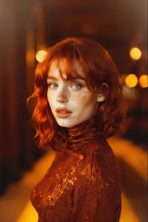 a close up of a woman with red hair wearing a turtle neck sweater, redhead girl, she is redhead, ginger hair with freckles, beautiful redhead woman, red hair and freckles, red head, anna nikonova aka newmilky, redhead woman, copper hair, amouranth, elegant...