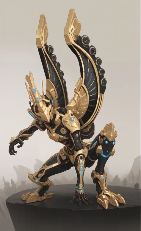 a close up of a statue of a dragon with a gold and blue design, beautiful biomechanical djinn, kaladesh concept art. mechanical, greek god in mecha style, black and golden armor, protoss!!!!, black and gold armor, protoss!!, egyptian cyborg armor, the sola...