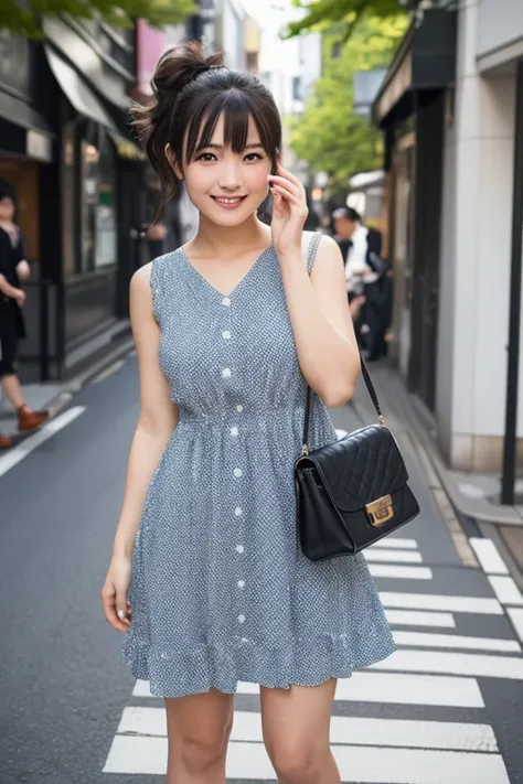 1japanese girl, cute dress, socks, flats, lower ponytail, bang, black hair, hand bag, smile, standing, in street of harajuku, BREAK, full body shot, BREAK, (masterpiece, best quality:1.4), (8k, raw photo, photorealistic:1.2), ultra high res, detailed skin,...