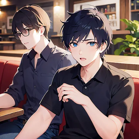 upper body,
shiny skin, masterpiece、 best quality、
(25-year-old male:1.5) and ( short black hair) and ( blue eyes), 
 black polo shirt、
flabbergasted,open mouth, sitting 、
,The background is a restaurant、（alone:1.5）