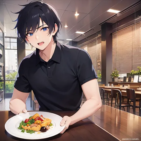 upper body,
shiny skin, masterpiece、 best quality、
(25-year-old male:1.5) and ( short black hair) and ( blue eyes), 
 black polo shirt、
flabbergasted,open mouth, sitting 、
,The background is a restaurant、（alone:1.5）