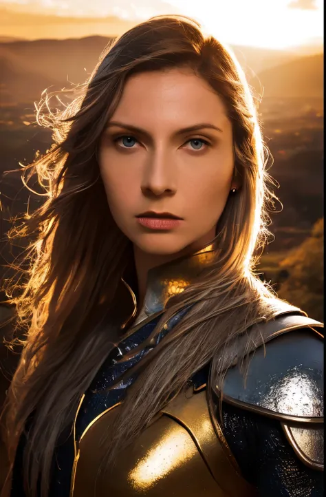 Galadriel, inspired by the series "The Rings of Power", (((L4L4 face))),  in a majestic pose at the center of the scene , wearing shimmering silver armor and elven details,  with its blond hair flowing under a golden light .  The background shows an epic l...